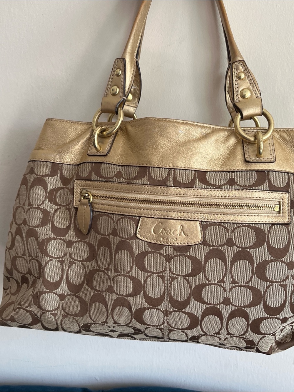 Coach Brown Signature Tote with Metallic Gold Trim